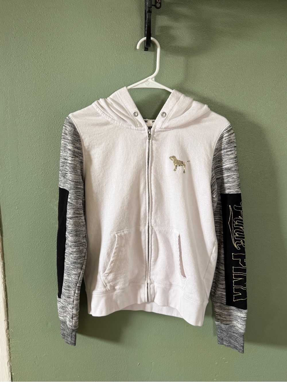 Victoria’s Secret PINK zip hoodie medium, gold sequin logo RARE Y2K